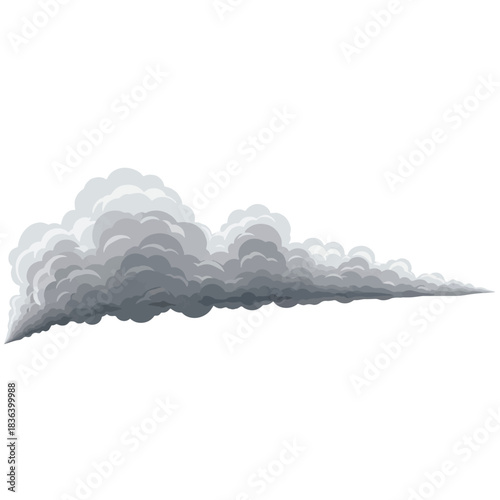 A long, dense plume of grey smoke or cloud trailing horizontally across a white background, representing exhaust or atmospheric vapor.