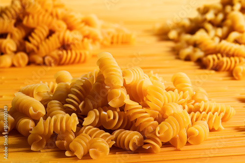 Texture of dry fusilli pasta. Italian cuisine