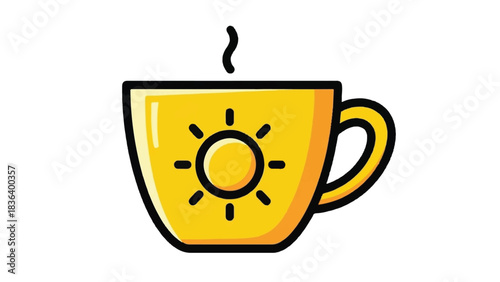 Yellow cup with sun symbol and steam.