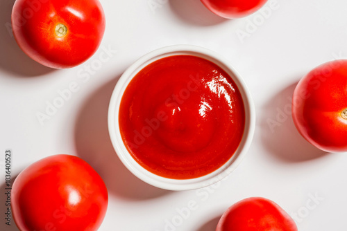 Close-up, top view of ketchup and fresh tomatoes