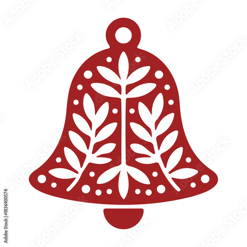 Illustration of a red christmas bell with white floral design and a circular hanging loop at the top
