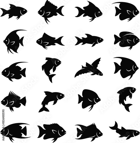 Collection of various fish silhouettes on white background