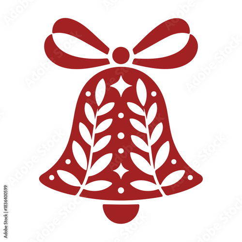Illustration of a red christmas bell with a bow and white leaf and star details on a white background