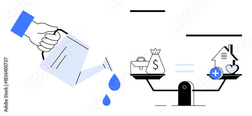 Financial growth concept. Symbolic watering can nurturing investments balancing wealth and well-being. Financial growth promotes savings, life balance, and health for future planning. Suitable