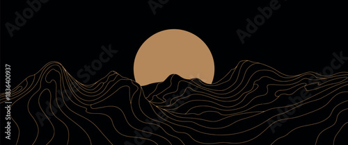 Abstract Mountain Range at Sunset with Wavy Black and Gold Lines