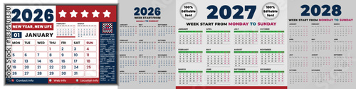 English calendar vector design for 2026, 2027, 2028 year with editable font. English calendar design monthly layout from Monday to Sunday of the year 26, 27 and 28