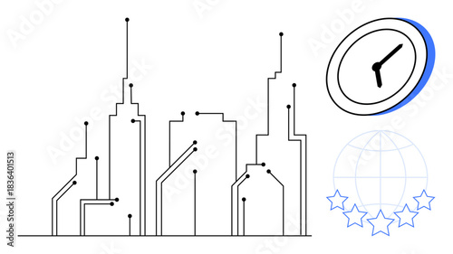 Smart cities, technology innovation, time management, global ratings, digital infrastructure, network systems. Urban skyline with circuit lines, clock and globe with stars. Smart cities