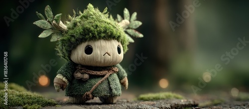 Small, wooden-like creature, covered in moss and leaves, stands on mossy ground in a forest