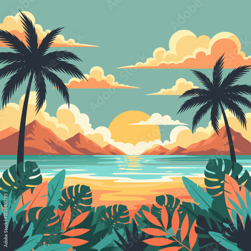 Beautiful tropical sunset over the ocean with palm trees, a vector illustration concept of a paradise island landscape for travel posters