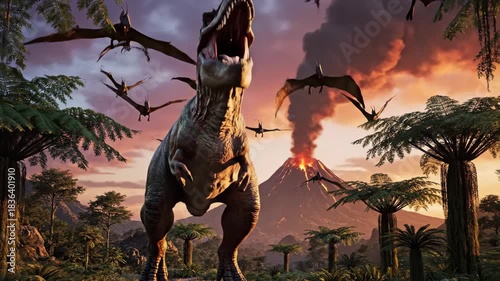 Roaring T-Rex surrounded by pterodactyls with volcano backdrop