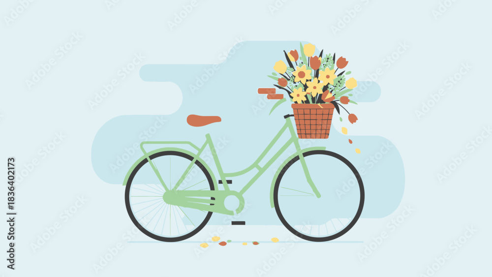 Fototapeta premium A light green bicycle with a wicker basket full of colorful spring flowers.