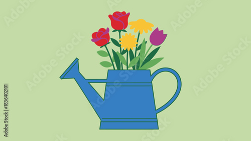 A vibrant illustration of a blue watering can overflowing with a colorful bouquet of flowers, set against a soft green backdrop.