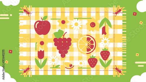 A cheerful vector illustration of a summer picnic with fresh fruit, flowers, and ants on a checkered blanket.