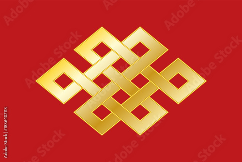Golden endless knot, also known as eternal knot, on red field. Common form of an intertwining knot and one of eight Auspicious Symbols in Hinduism, Jainism and Buddhism. Isolated illustration. Vector