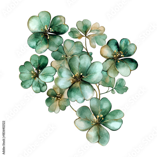 Watercolor four-leaf clovers bouquet, lucky shamrock, vector
