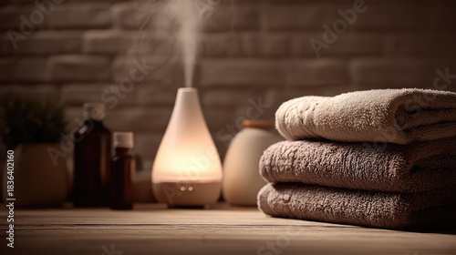 Cozy Spa Environment with Essential Oil Diffuser, Soft Towels, and Natural Decor for Relaxation and Wellness Experience in a Serene Setting