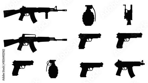 Armed Arsenal: A stark monochrome view of a variety of firearms and a grenade silhouetted, presenting a powerful symbol of potential conflict. 