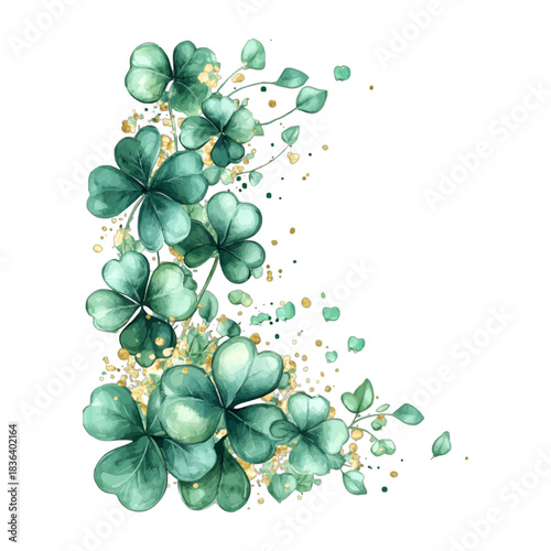 Watercolor four-leaf clovers corner border, lucky shamrock, vector
