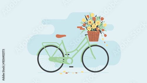 A light green bicycle with a wicker basket full of colorful spring flowers.