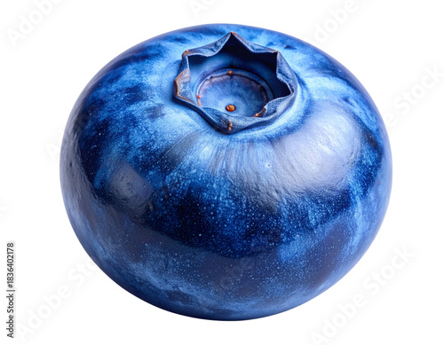  A single ripe blueberry captured in close-up detail, smooth deep blue skin with lightoom texture, calyx star pattern visible on top, clean sharp edges, isolated on a transparent PNG background.