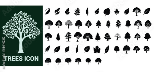 Elegant tree and leaf silhouette icon collection for nature-inspired designs, perfect for logos, branding, and eco-friendly projects with a clean, modern aesthetic