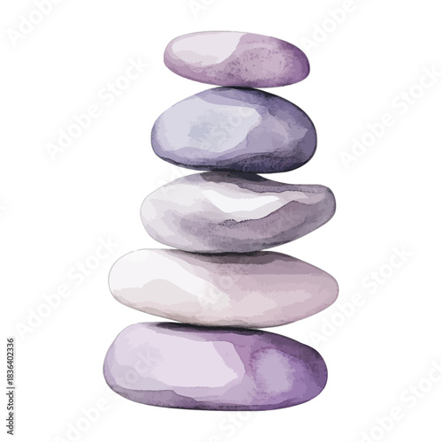 Photography Stacked purple and grey zen stones cairn, watercolor vector