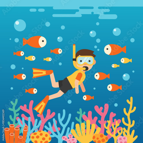 Flat Scuba Diving Underwater Illustration