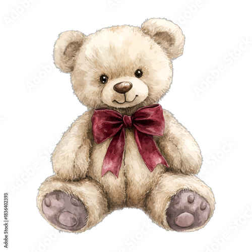 Watercolor white teddy bear with red bow, vector illustration
