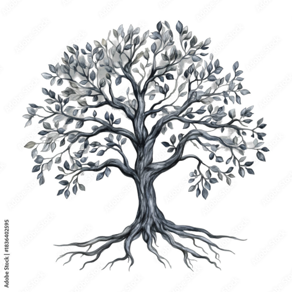 Obraz premium Watercolor tree of life with exposed roots, nature vector 