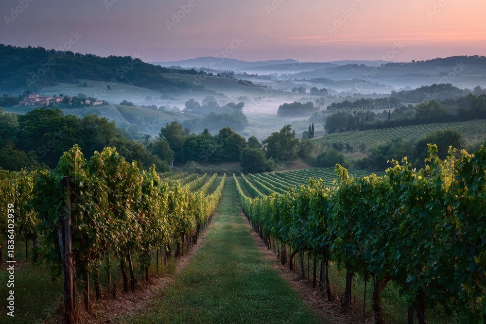 Naklejka premium Rows of grapevines lead to hills covered in fog in the Tuscan countryside. Use this for travel, winemaking, or landscapes.