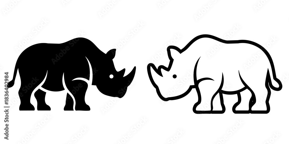 Fototapeta premium Two rhinoceroses standing side by side in simple bold line style wildlife illustration for safari and conservation themes.