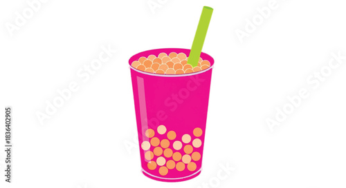 Pink Boba Tea with Tapioca Pearls and Green Straw.