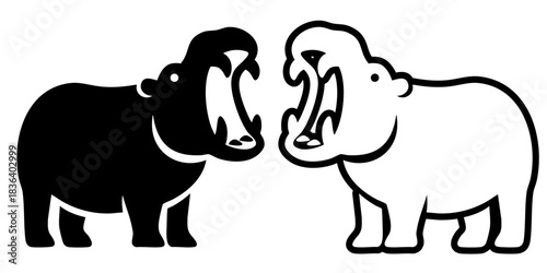 Two hippos roaring face to face, bold wildlife illustration representing strength, power, and natural behavior.