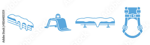 Set of blue roof snow guard installation icons including snow retention, safety harness and snow barrier on white background — ideal for winter maintenance, roofing and construction content.