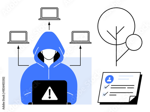 Hooded person at laptop with warning sign, connected laptops, tree diagram, and user data form. Ideal for cybersecurity, identity theft, data protection, online safety, hacking privacy digital