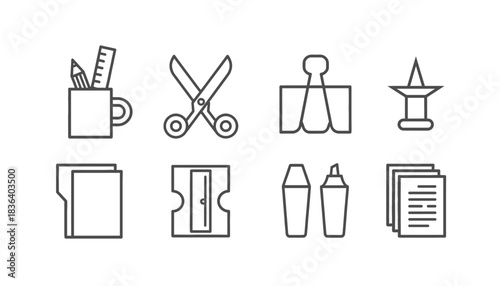 Set of Hand-Drawn Outline Icons Representing Essential Office and School Stationery Supplies, Including Scissors, Folders, Binder Clips, Push Pins, and Highlighters, Isolated Vector Illustration.