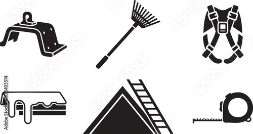 Set of roof snow guard installation icons including snow retention, ladder and safety harness on white background — ideal for winter maintenance, roofing and construction content.