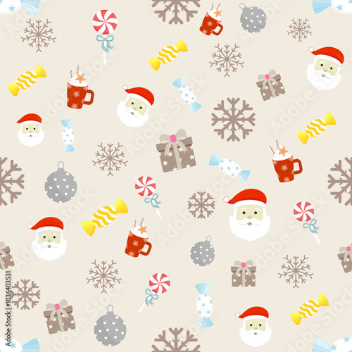 Cute Christmas seamless pattern with Santa Claus, snowflakes, hot cocoa, and festive candies on a pale background. Cozy winter holiday vector illustration.