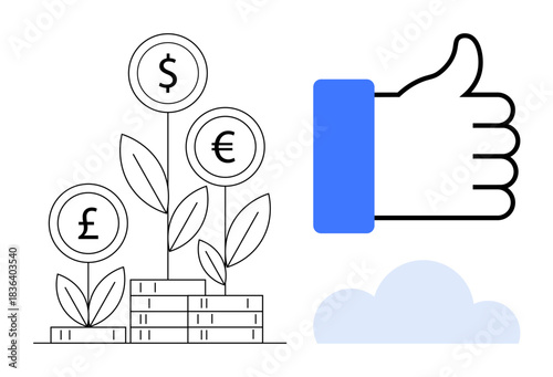 Financial growth concept. Currency symbols for dollar, euro, and pound with plant growth and stacks of coins. Financial success, increasing wealth, and monetary growth. For fintech, banking