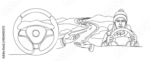 Driver on snowy road with steering wheel and skid marks in continuous line art — ideal for winter driving lessons, road safety and driver education content
