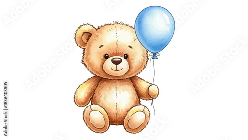 A cute teddy bear holds a blue balloon, symbolizing joy and celebration.