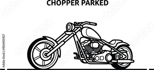 Stylized black and white chopper motorcycle illustration parked on a white background