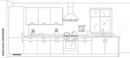 Modern kitchen design with cabinets stove and window in a minimalist style