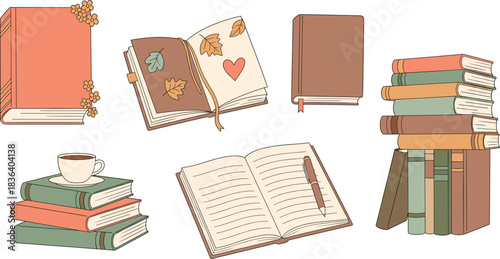 Aesthetic pastel vector illustration of books, open pages, journal, stacked novels, and cozy reading elements for creative design projects.