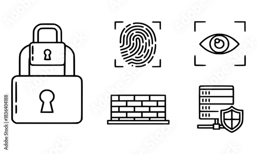 Dynamic vector line icons for digital security, data protection, and online privacy. Features secure access, biometric identification, network firewall, and server safety