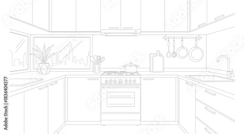 Clean kitchen interior design with modern appliances and city view from window