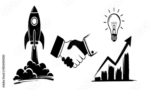 Hand-Drawn Business Icons Rocket Launch, Handshake, Lightbulb Idea, and Growth Chart