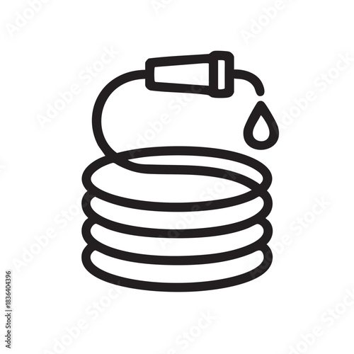Outline illustration of garden hose coiled with nozzle and single water droplet on white surface