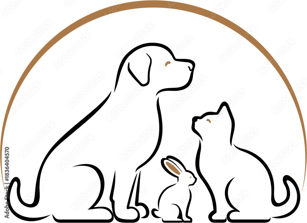Naklejka premium Stylized head Dog rabbit and Cat Illustration with Markings and Brown Outline