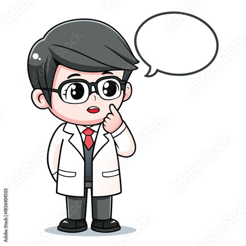 Cartoon doctor with glasses seems thoughtful as he looks up at the speech bubble
